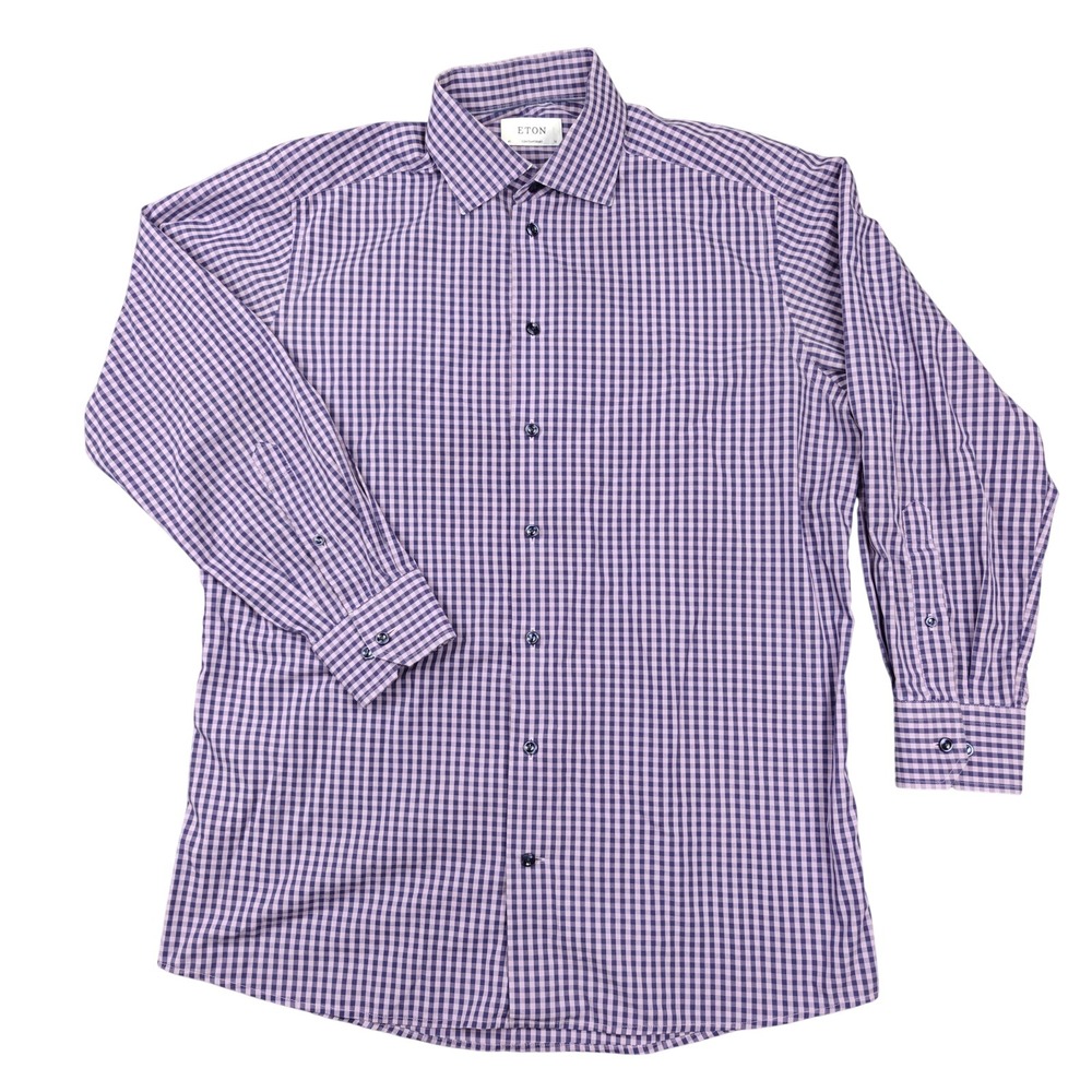Eton Dress Shirt Mens 16 Purple Gingham Regular Fit Long Sleeve Spread‎ Collar